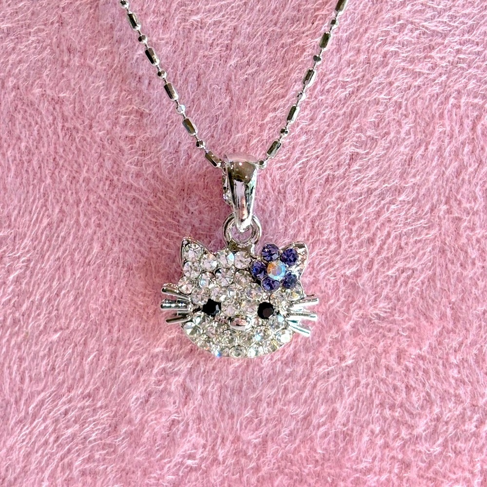 Hello Kitty‎ Crystal Pendant Charm Necklace with Purple Flower